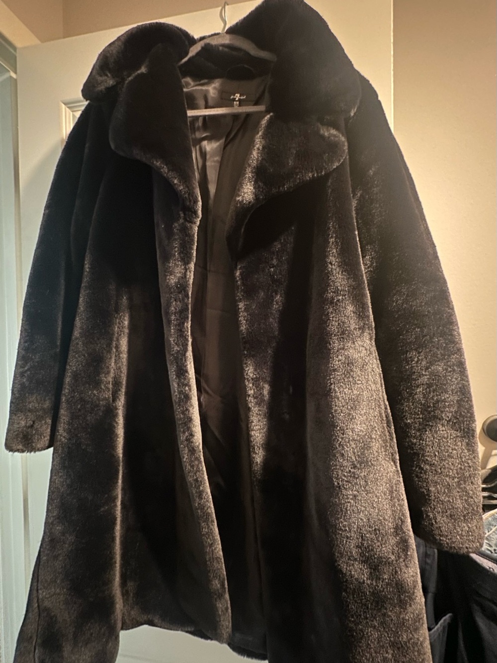 7 For All Mankind Black Faux Fur Coat - Plush Long Cape-Style